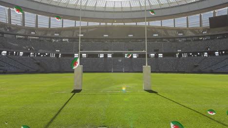 animation of rugby balls with flag of wales over stadium