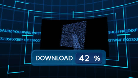 animation of download, hands typing on keyboard and data processing on screens in navy space