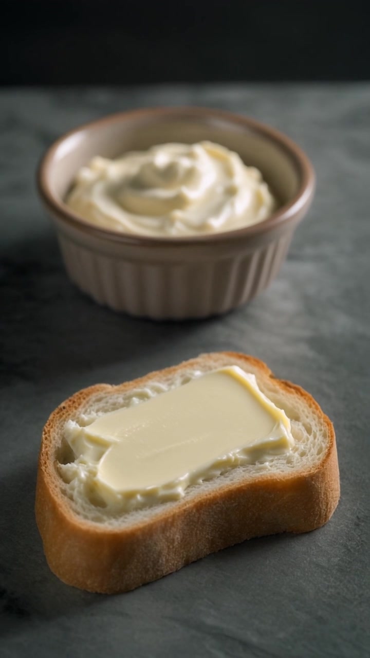 Fetta di pane con burro e una ciotola di panna