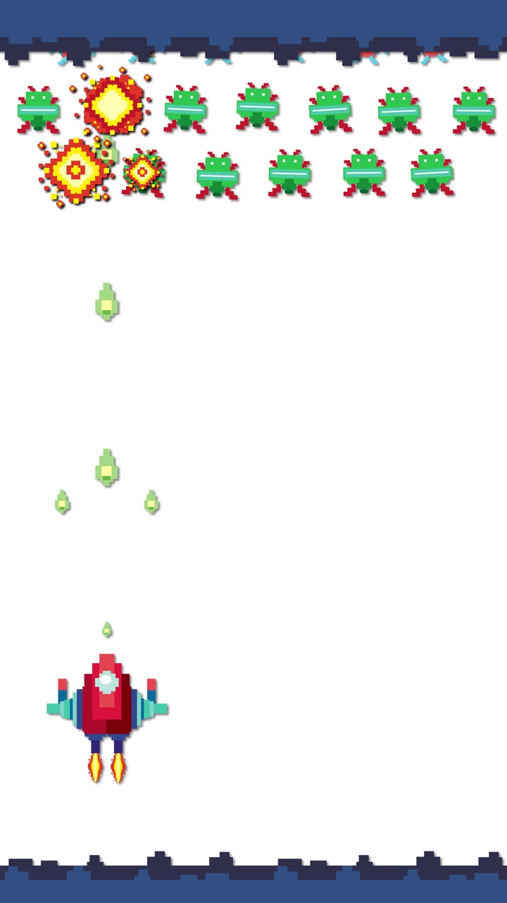 Nave spaziale in pixel art retrò spara proiettili verdi contro nemici alieni su sfondo bianco.