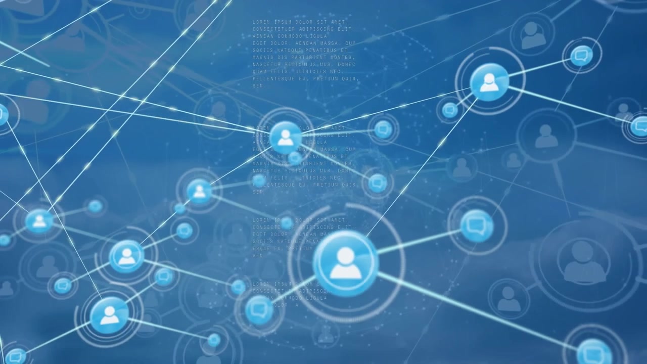 Rete sociale animata con icone di utenti e messaggi che si connettono.