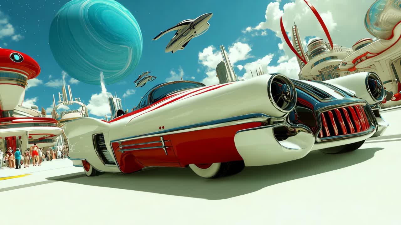 Futuristic Retro Cityscape with Flying Vehicles and Classic Car