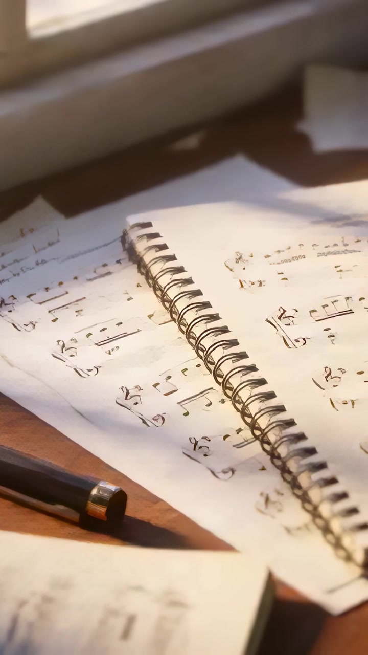 Vertical video: Shifting camera drawing spiral notebook on desk by window to reveal music with pen