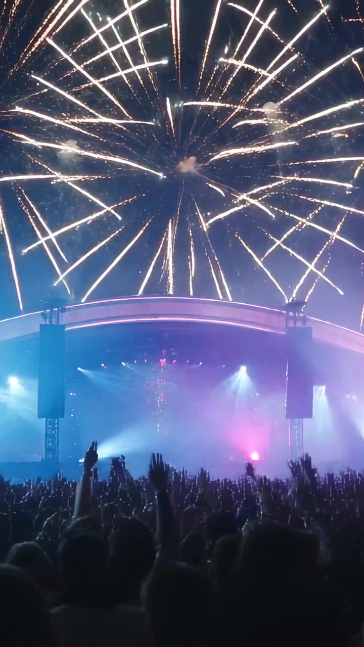Video verticale: Fuochi d'artificio che esplodono mentre la folla alza le mani ed esulta davanti a un arco scenico illuminato.