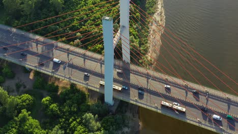 Beautiful-top-down-shot-of-traffic-on-modern-cable-stayed-bridge