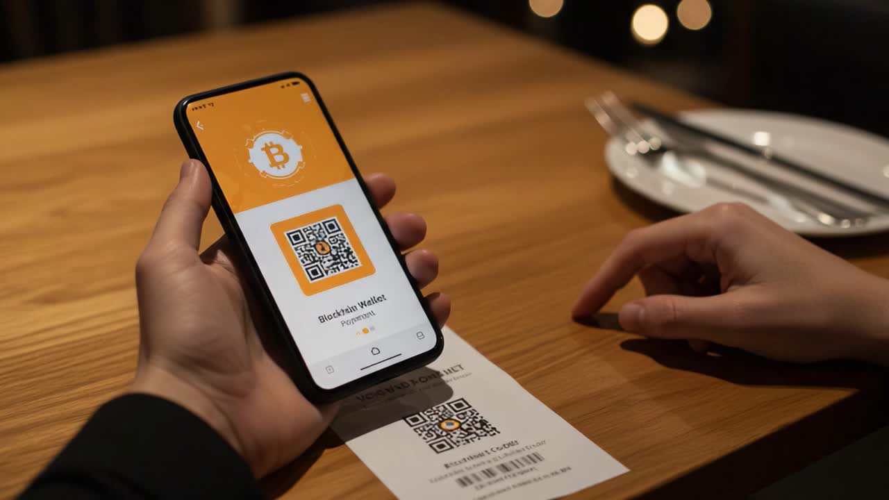 Using a Smartphone to Scan a QR Code for Cryptocurrency Transactions, Highlighting the Interface of a Bitcoin Wallet Application and Payment Process