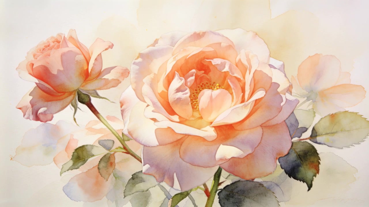Acquerello che rivela una rosa rosa pesca che diventa più chiara su carta testurizzata, con una luce soffusa che emerge.
