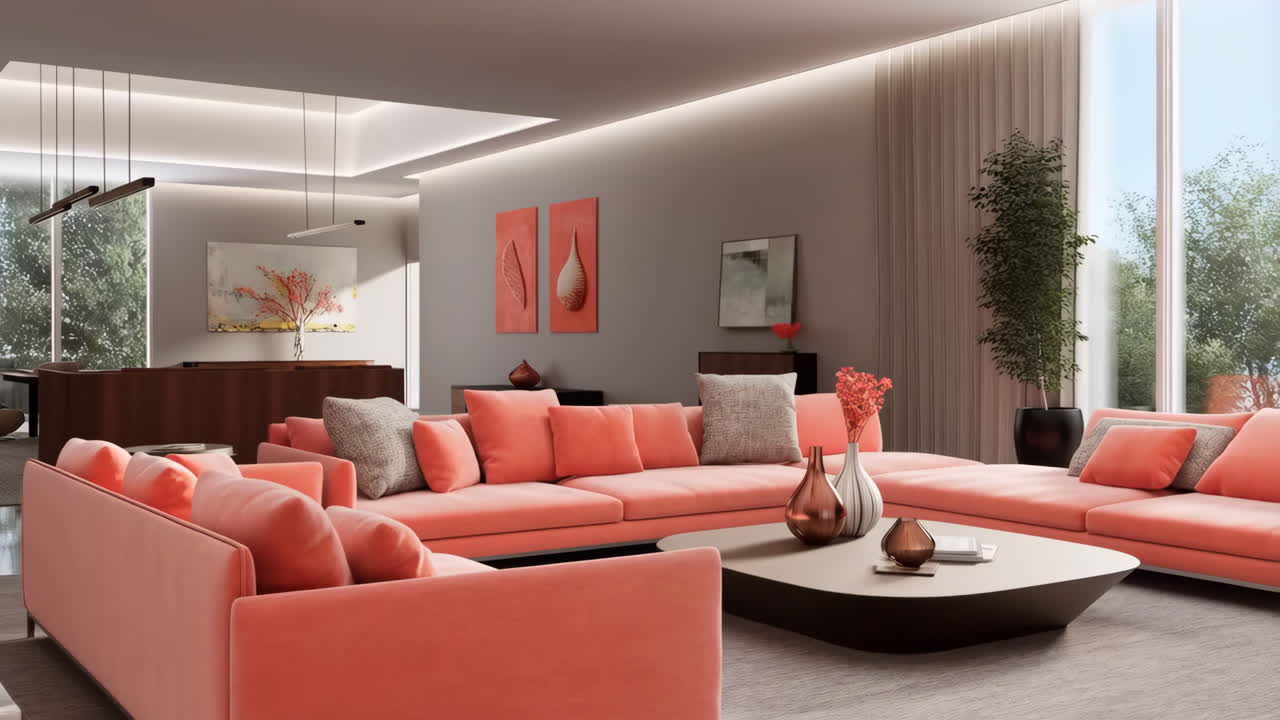 Modern Living Room with Spacious Coral Sofas and Contemporary Decor