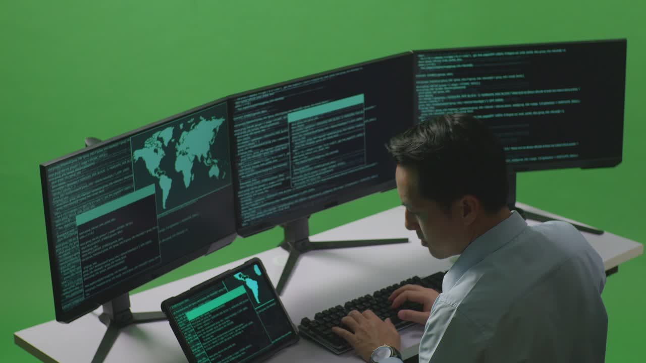 Side View Of Asian Man Developer Working With Tablet While Write Code With Multiple Computer Screens In Green Screen Studio