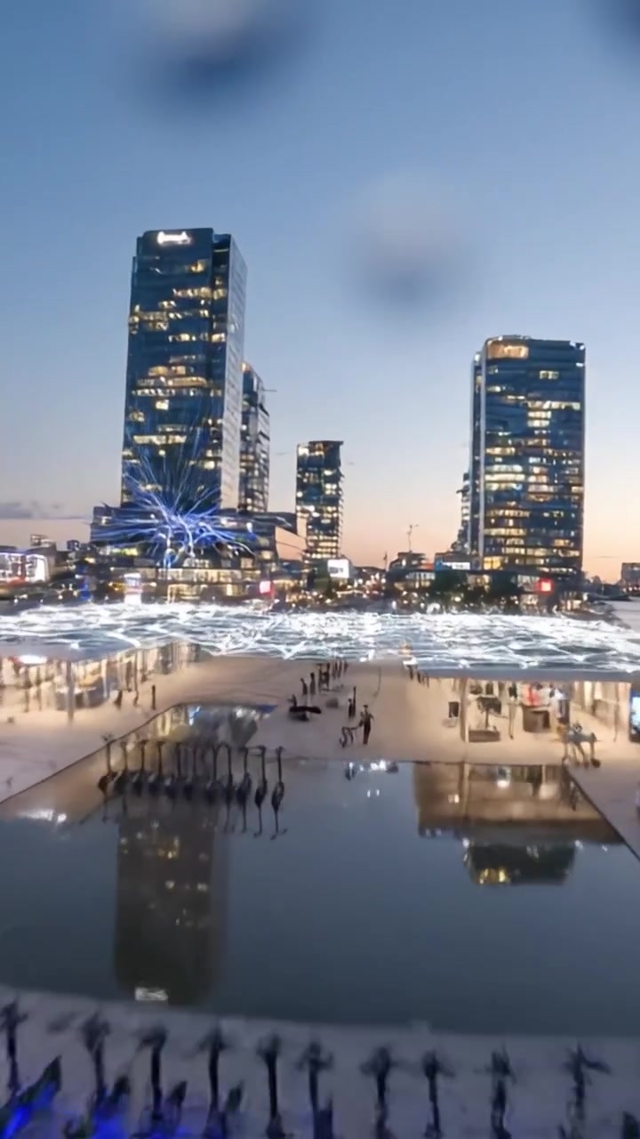 Un affascinante paesaggio urbano al crepuscolo, con grattacieli illuminati che si riflettono sull'acqua, scie luminose vibranti e un'atmosfera cittadina dinamica.