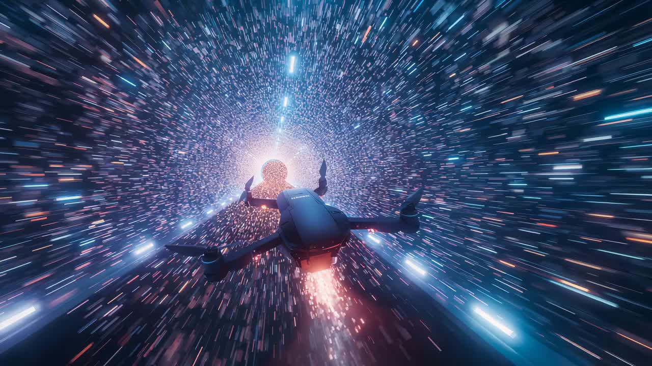 Accelerating quadcopter drone firing rear thruster through lit tunnel, approaching bright portal
