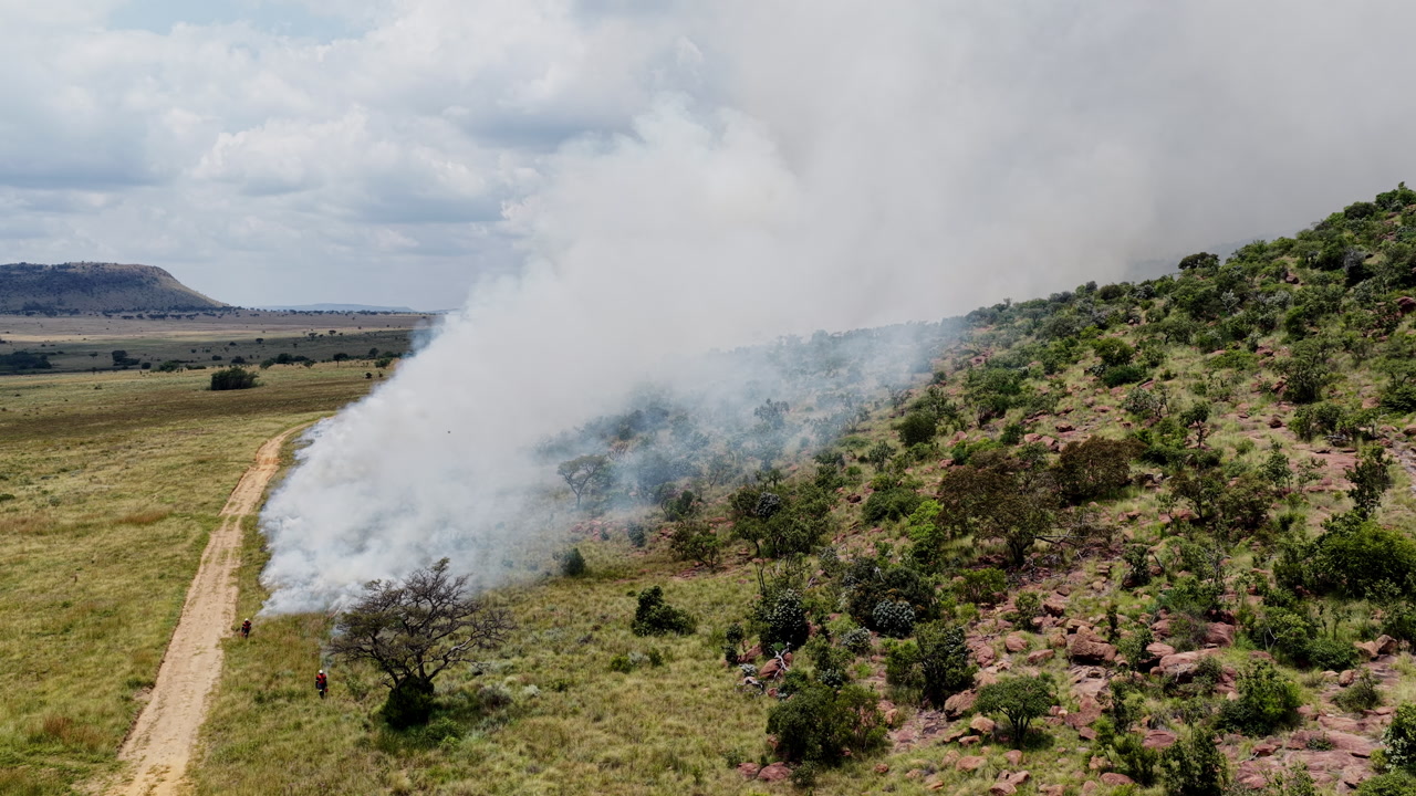 Aerial view of planned vegetation burn with smoke drifting over grazing land
