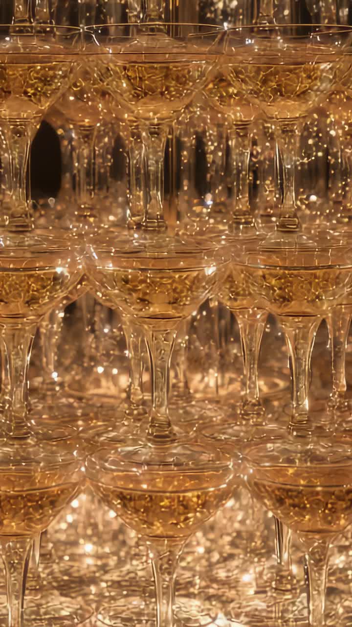 Vertical video: Shimmering stacked coupe tower holding golden liquid at reception with fairy lights