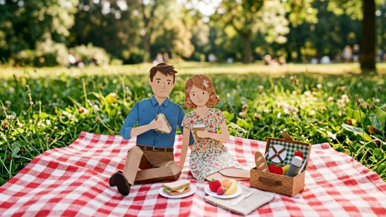 Coppia ritagliata di carta che si gode un picnic in un parco soleggiato
