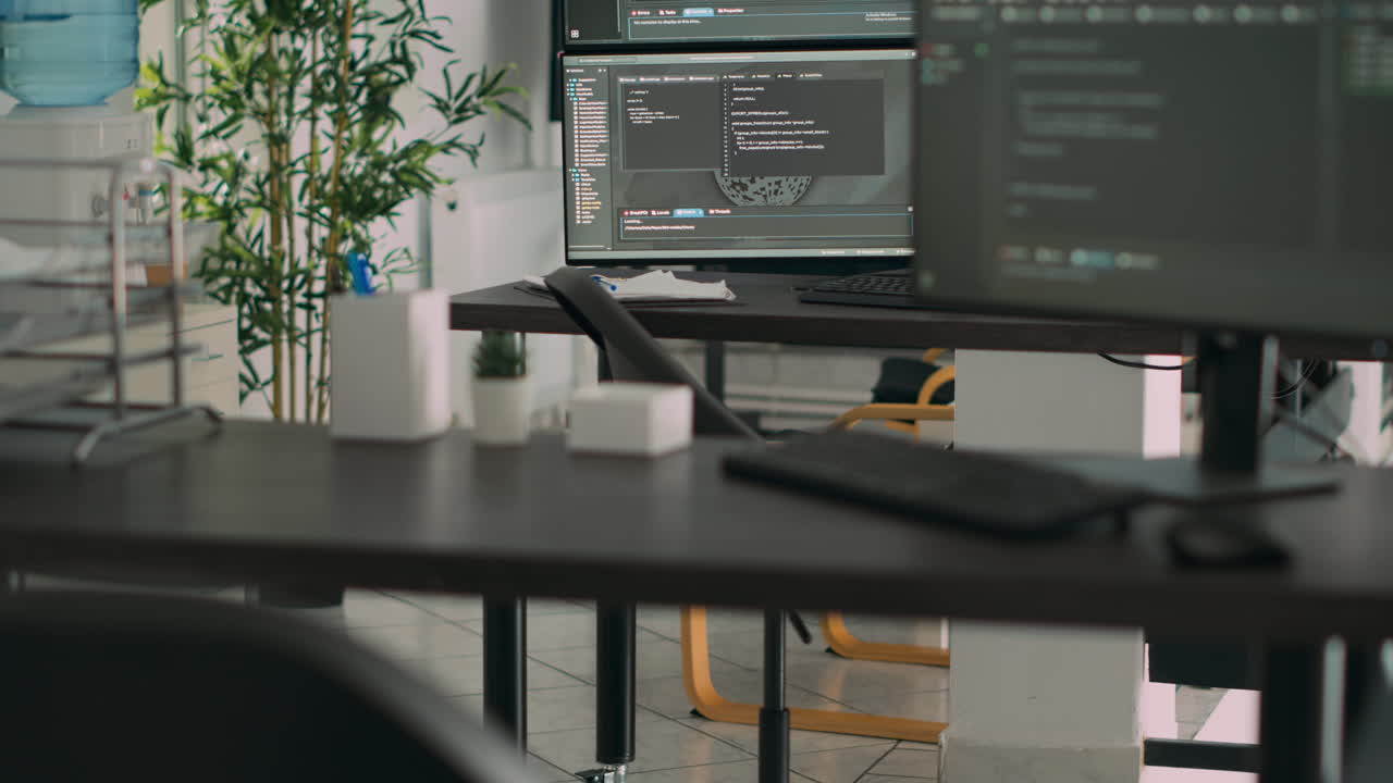 Empty desk with multiple monitors displaying server code and programming language