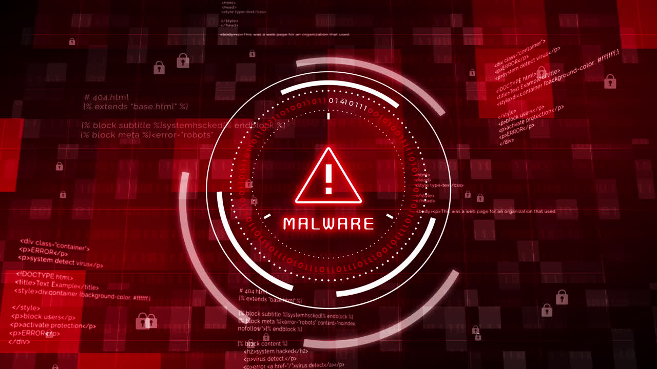 Red MALWARE warning with exclamation mark in circle with numbers. Background with text code and lock symbols. Digital cyber security of computer software. Looped animation.