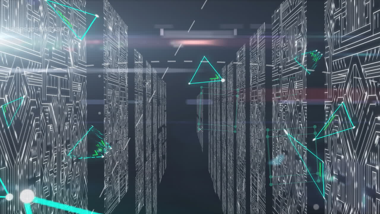 Animation of geometric shapes with computers in background