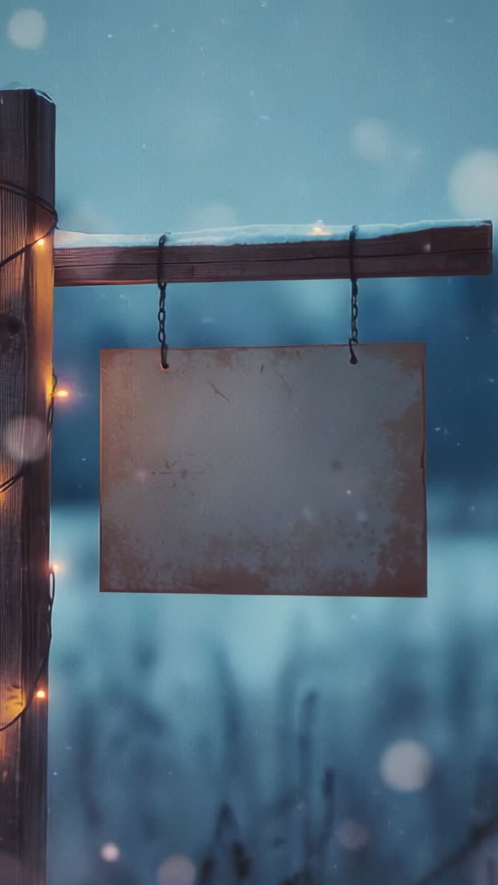 Vertical video: Wind gust causing sign swaying on beam in field with warm lights and snow drifting