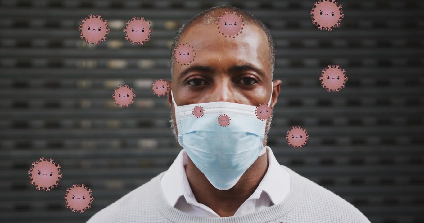 Animation of falling covid 19 cells over african american men wearing face mask