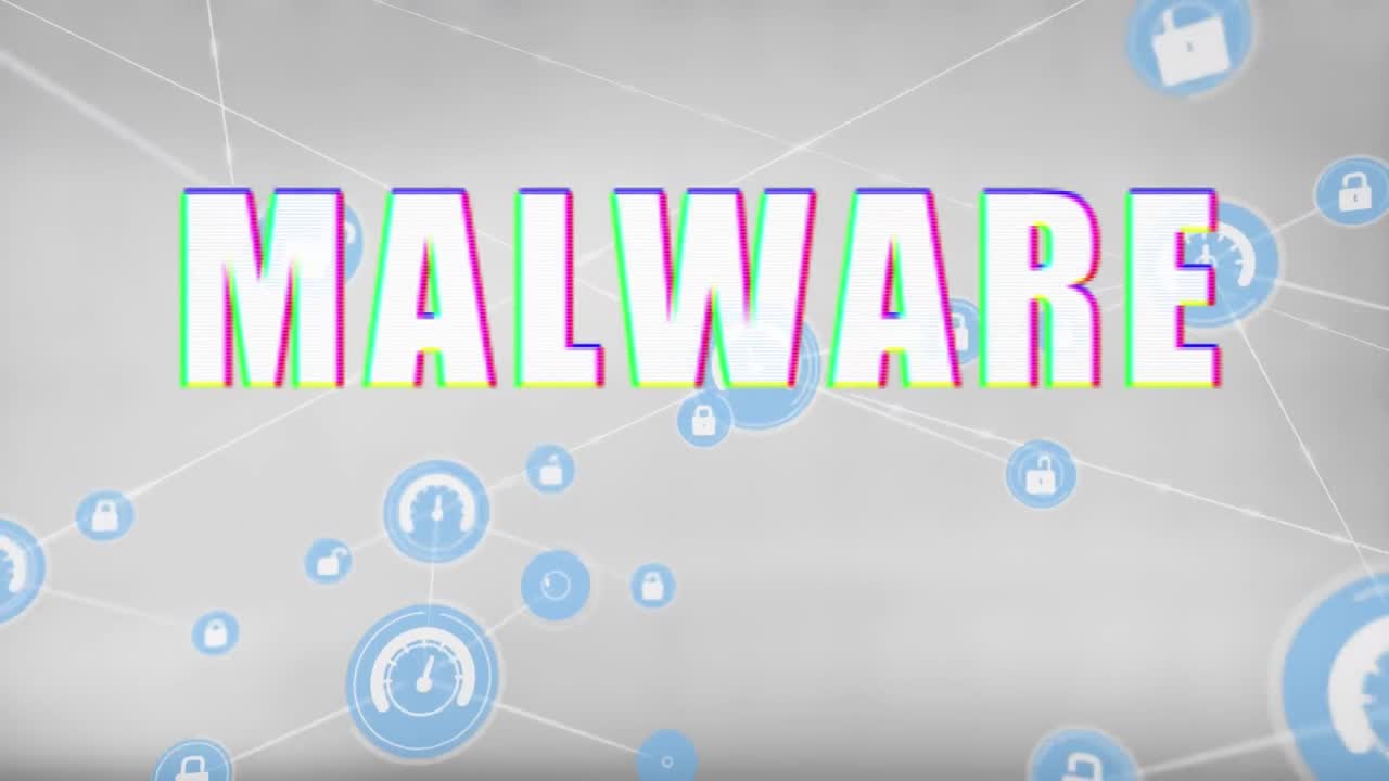 animación de texto de malware, red de conexiones con iconos y procesamiento de datos