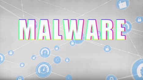 Animation-of-malware-text,-network-of-connections-with-icons-and-data-processing