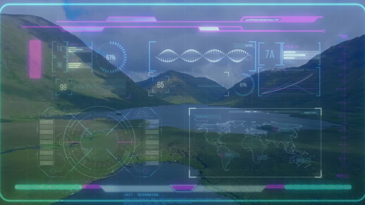 HUD overlay appearing, rotating radar pulsing, cycling bars updating stats showing scan progress