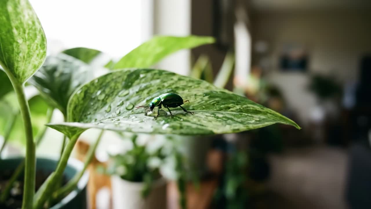 Scarabeo verde iridescente su una foglia umida di pianta d'appartamento
