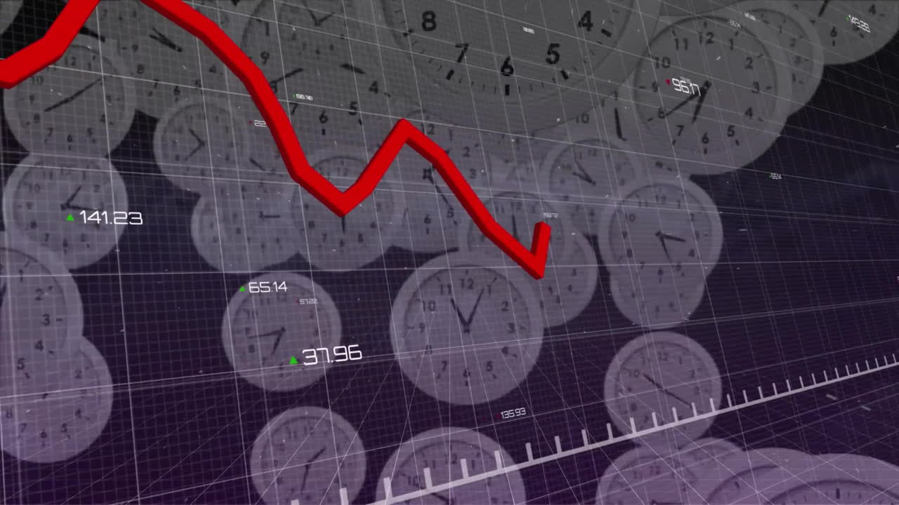 은 선의 애니메이션과 금융 데이터 처리가 시계에 건물을 통해