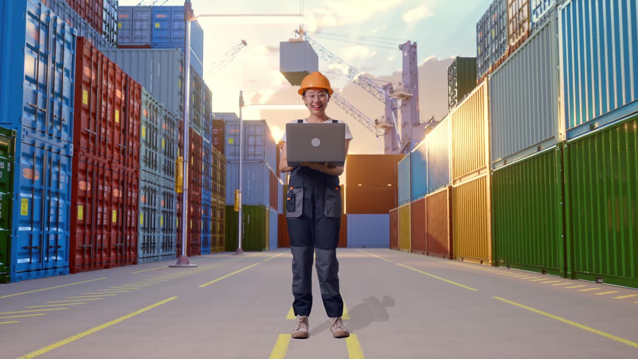 Full Body Of Asian Woman Worker Wearing Goggles And Safety Helmet Smiling And Pointing To A Laptop In Her Hand While Standing At Container Yard Warehouse
