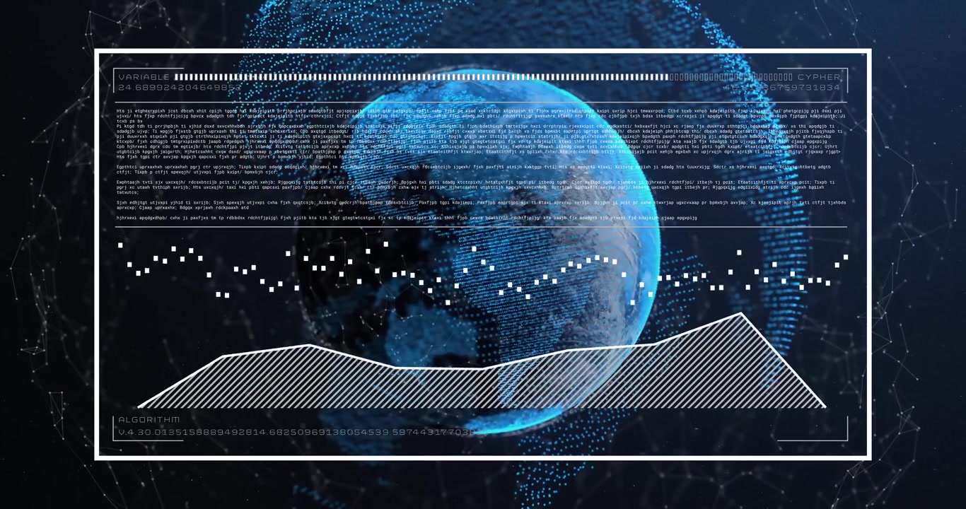 Blue globe rotating in HUD markers appearing starting polyline polygon morphing showing tech data