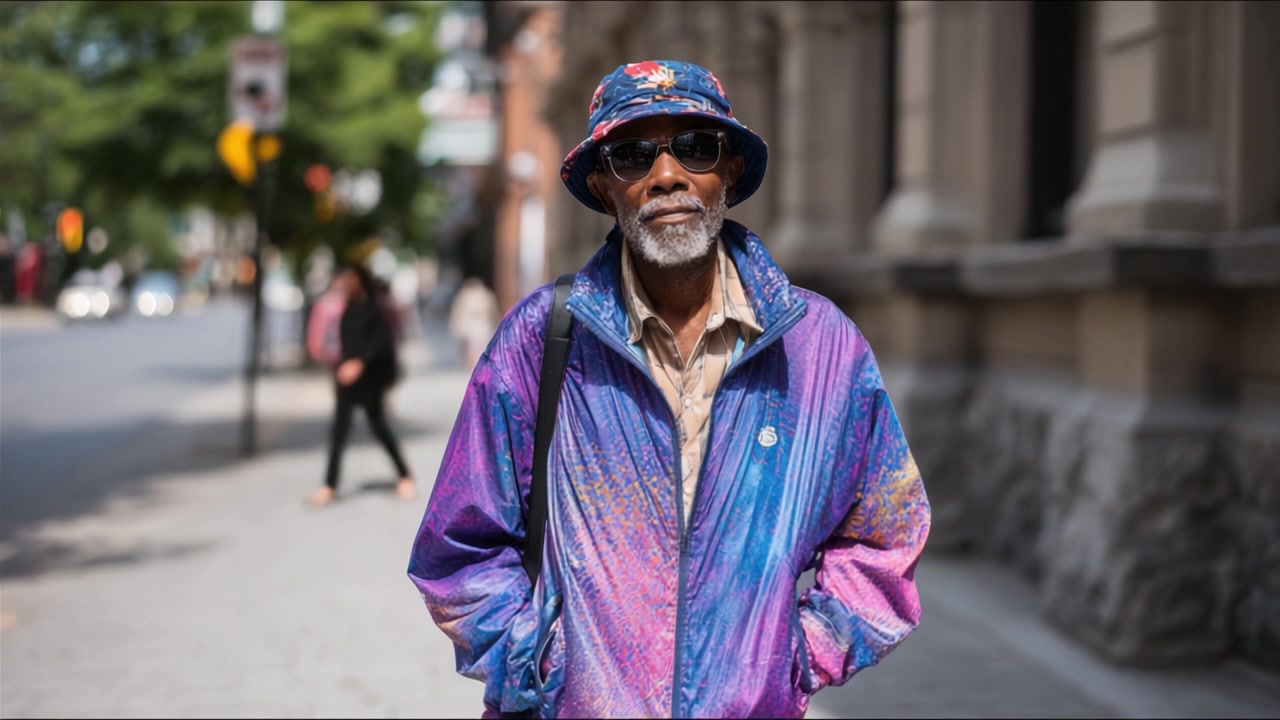 Stylish Elderly Man in Colorful Jacket and Hat Strolling Confidently on a City Street, Showcasing Unique Fashion Sense and Personal Style