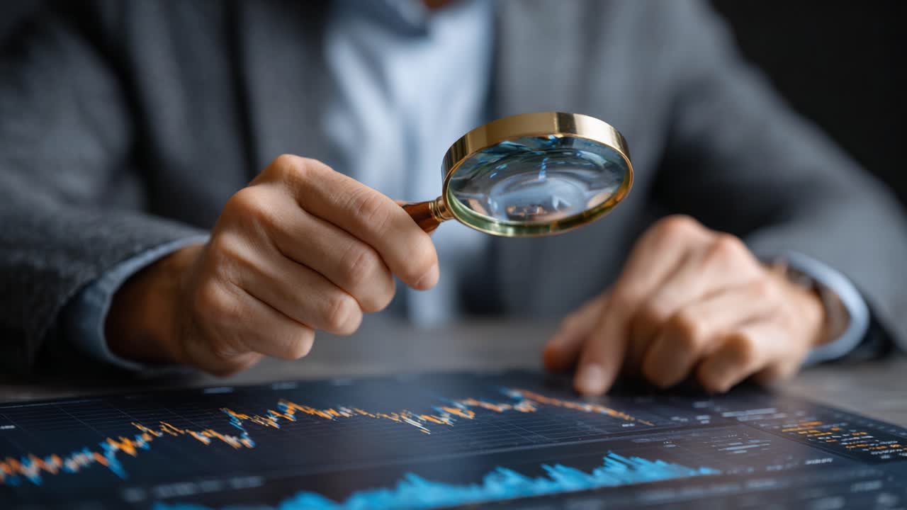 Detailed Analysis of Financial Data Utilizing a Magnifying Glass, Illustrating Close Inspection of Market Trends and Graphical Representations in a Professional Context