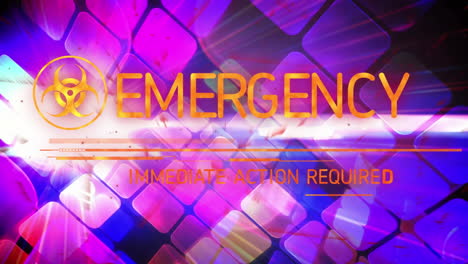 animación del texto de emergencia sobre el patrón de neón en fondo oscuro