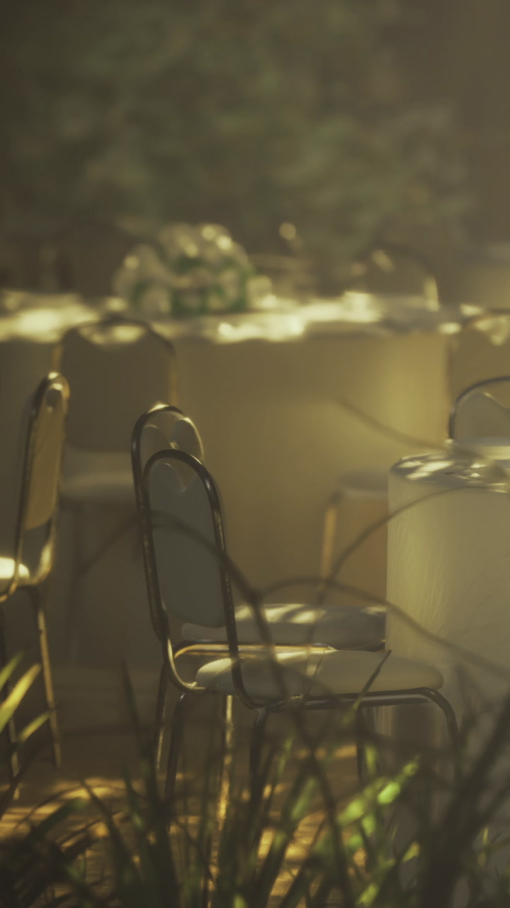 Tables and chairs set for event in warm soft light during evening hours