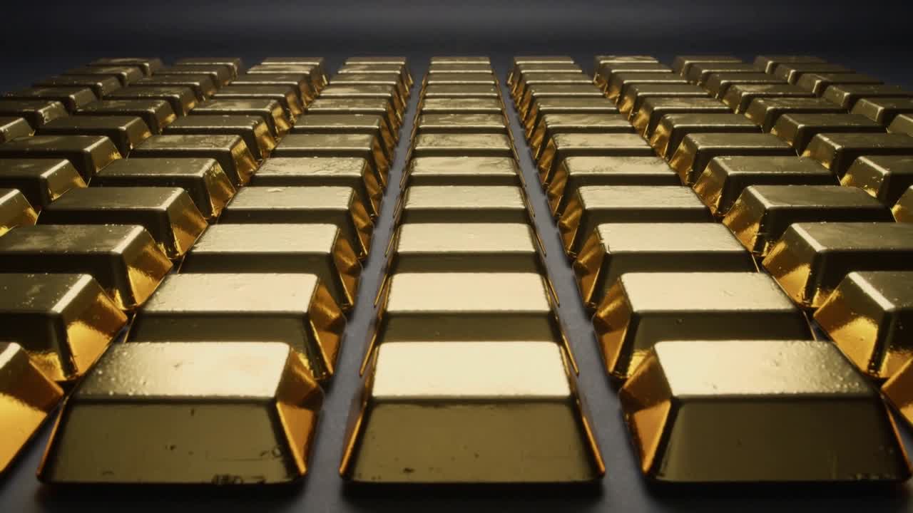 Inizio ripresa con telecamera bassa che avanza in studio, evidenziando lingotti d'oro su un tavolo scuro sotto le luci dello studio.