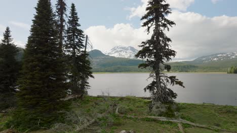 Aerial-footage-of-the-Sparks-Lake-shoreline-in-Bend,-Oregon-along-the-Cascade-Lakes-Highway