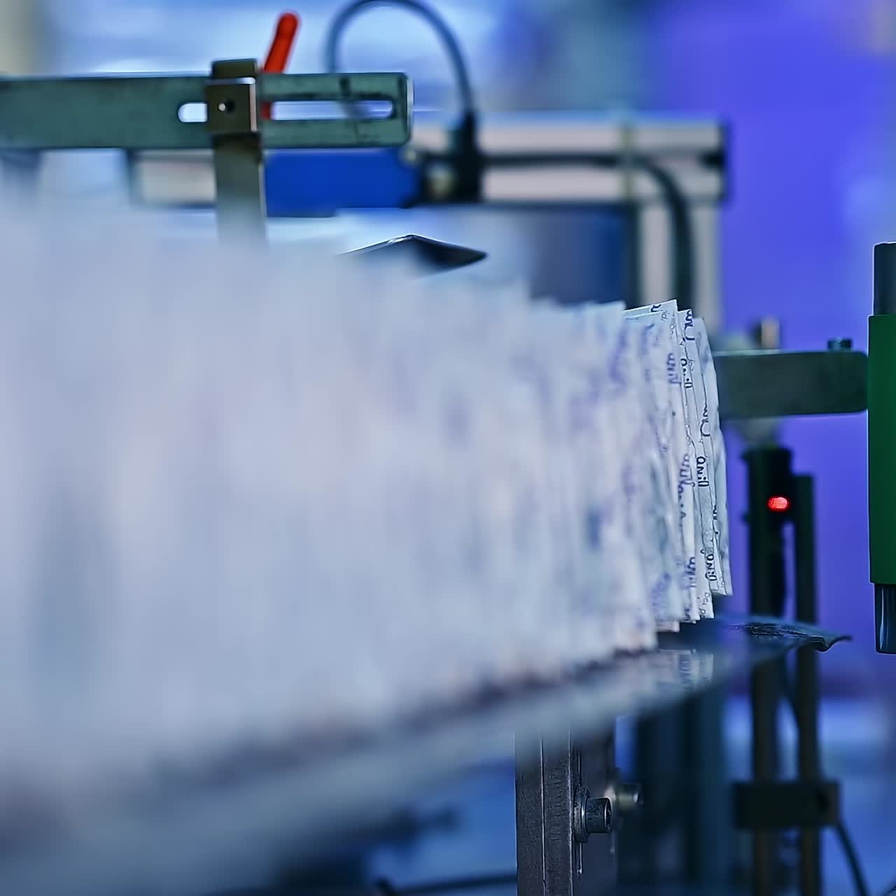 Rotating rollers push already packed individual diapers to the conveyor. Diapers put in a stack on the conveyor belt. Close up