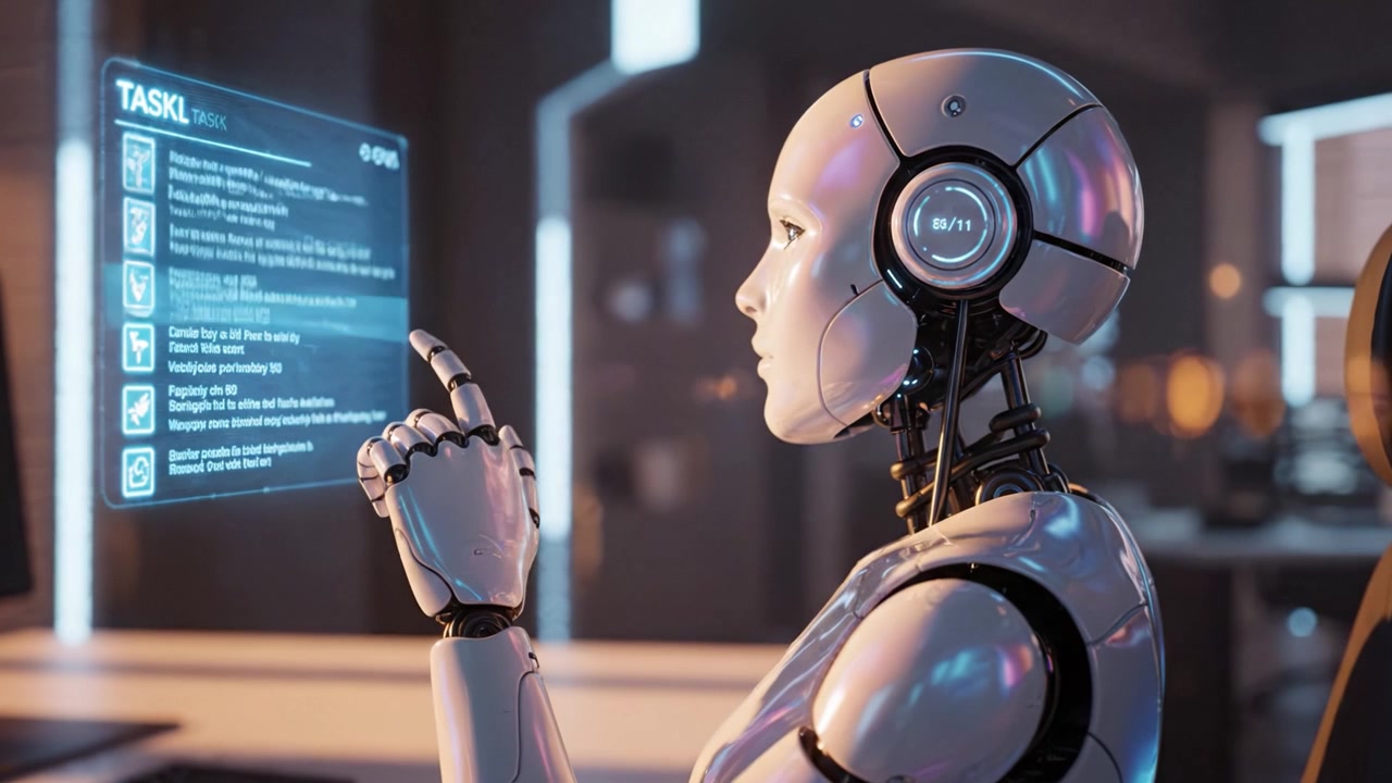 Un assistente robotico futuristico con display olografici, che mostra tecnologia avanzata in un ambiente di lavoro sofisticato focalizzato sulla gestione delle attività