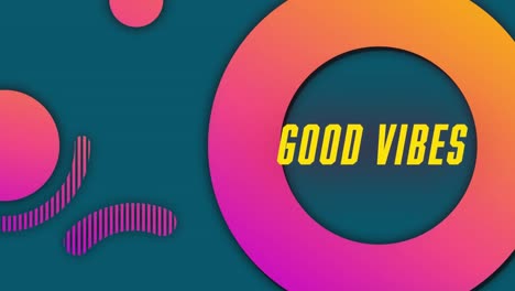 animación de texto de buenas vibraciones sobre círculos en rosa y naranja sobre fondo azulado