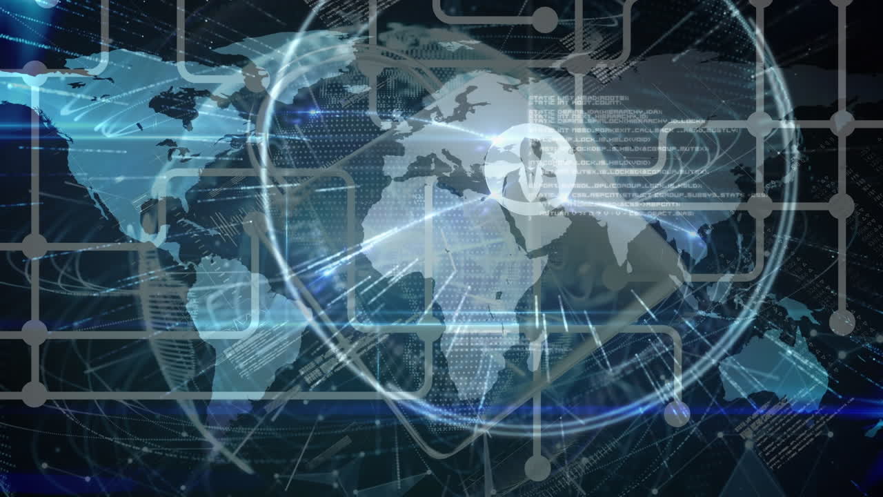 전 세계에 대한 연결 네트워크의 애니메이션, 세계 지도와 검은색 배경