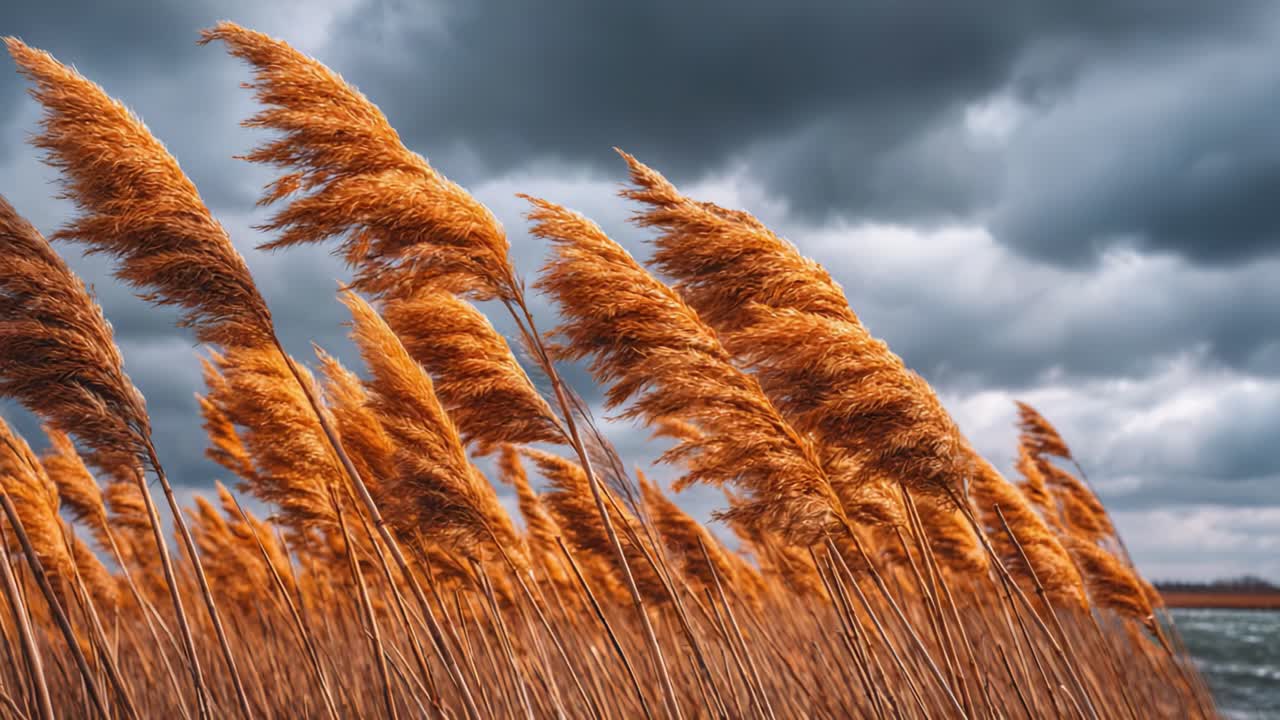 A Scenic View of Golden Grasses Swaying in the Wind Against a Dramatic Sky Filled with Dark Clouds, Capturing the Beauty of Nature's Transience