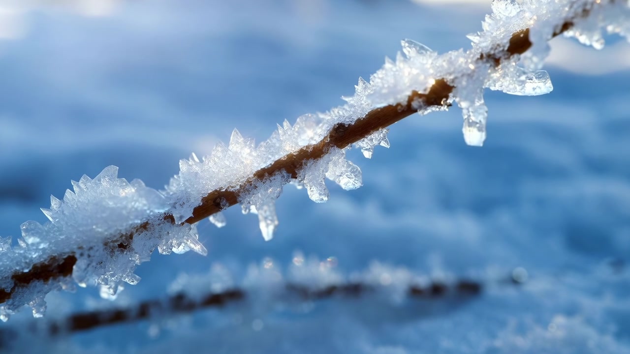 Cristalli di ghiaccio illuminati dal sole si aggrappano a un sottile ramo marrone con messa a fuoco ridotta mentre la composizione si sposta leggermente, producendo punti luce brillanti contro neve blu leggermente sfocata e toni invernali