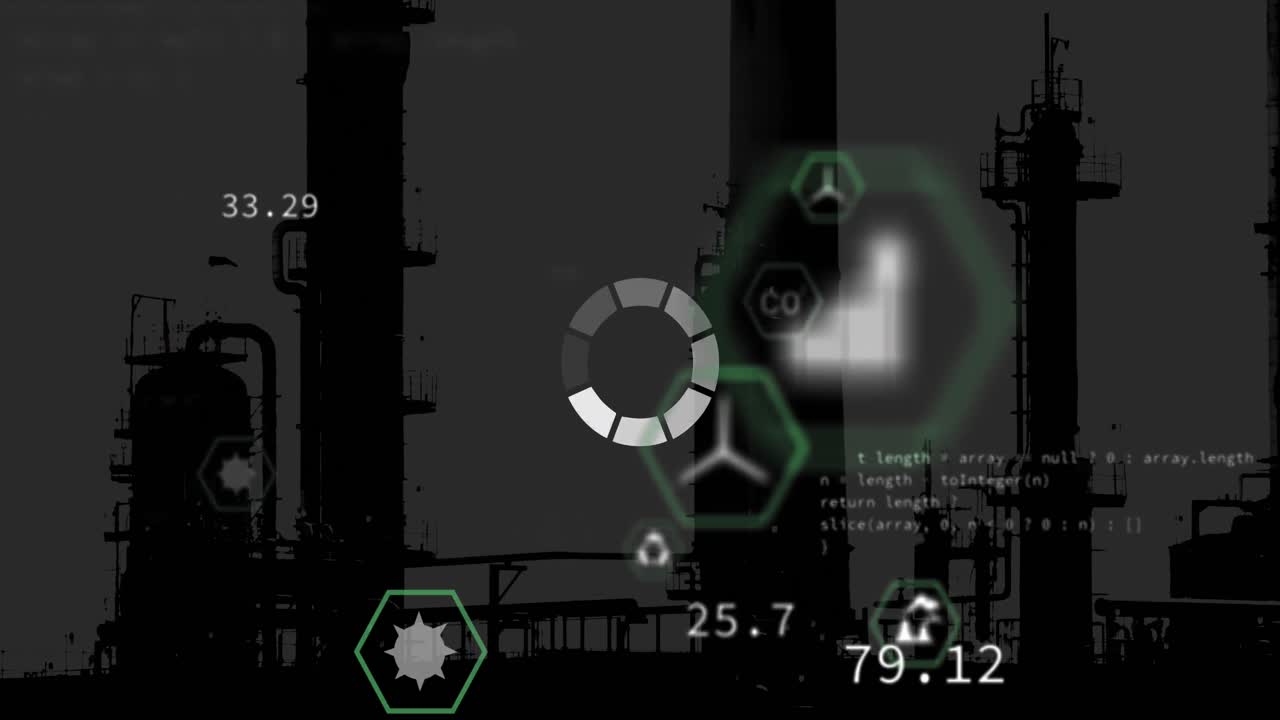 공장 배경에서 통계 및 데이터 처리의 애니메이션