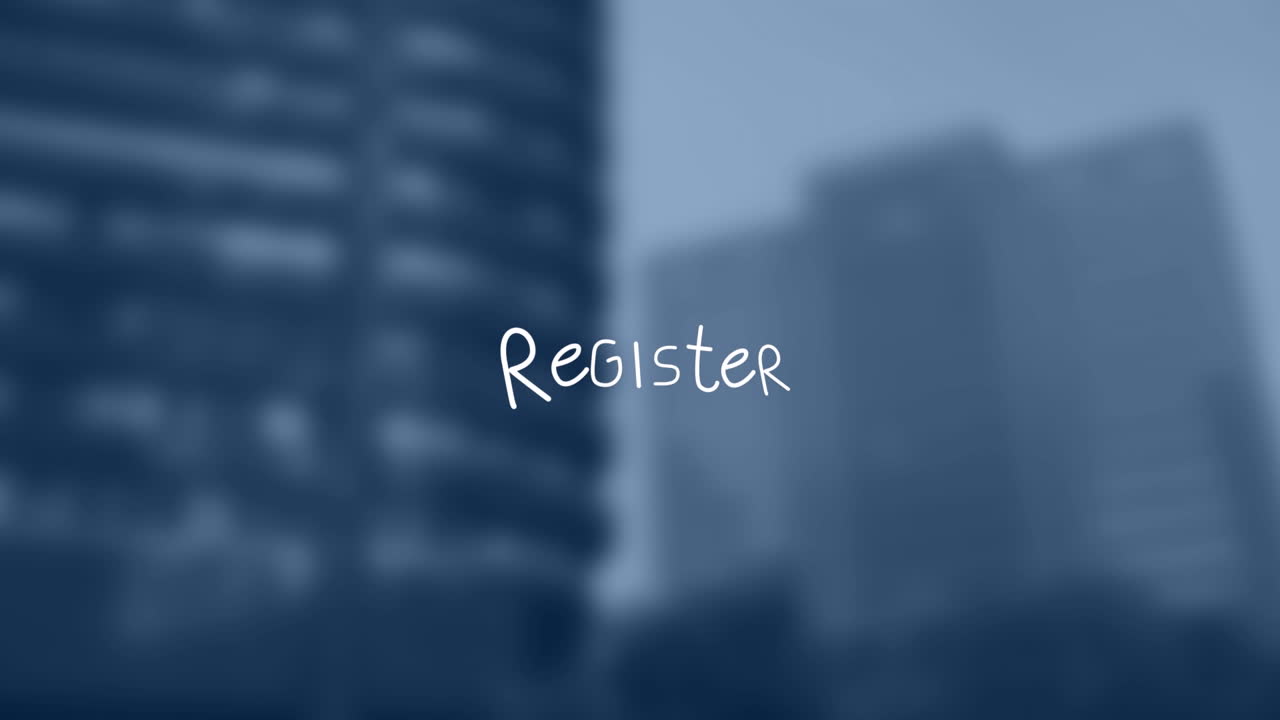 animación del texto del registro con líneas fuera de foco cityscape