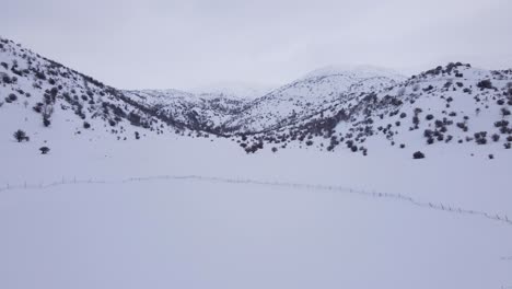 drone-flying-over-a-fenced-off-frozen-lake-in-the-middle-of-snow-covered-clearing