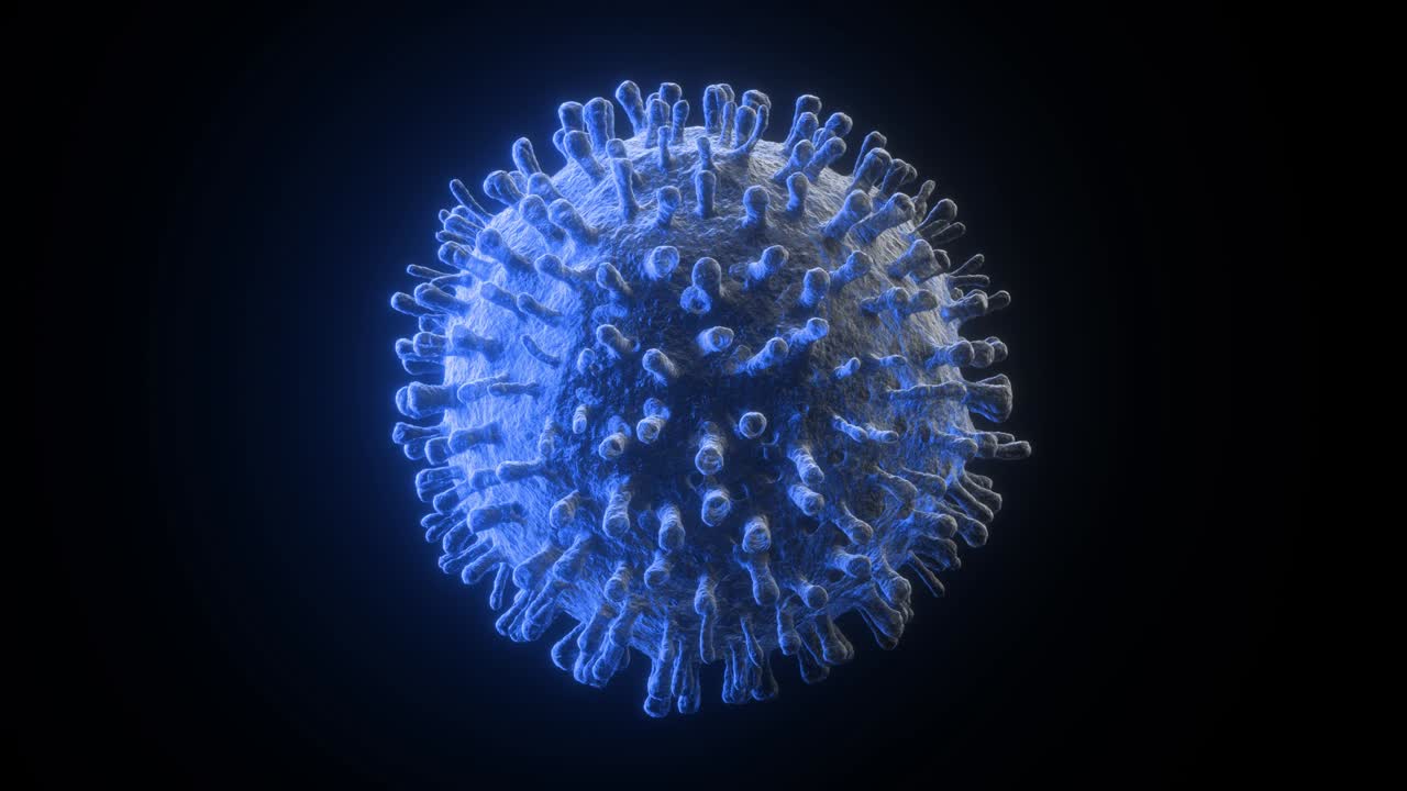 animación en 3d de primer plano del virus de la corona de color azul sobre un fondo negro