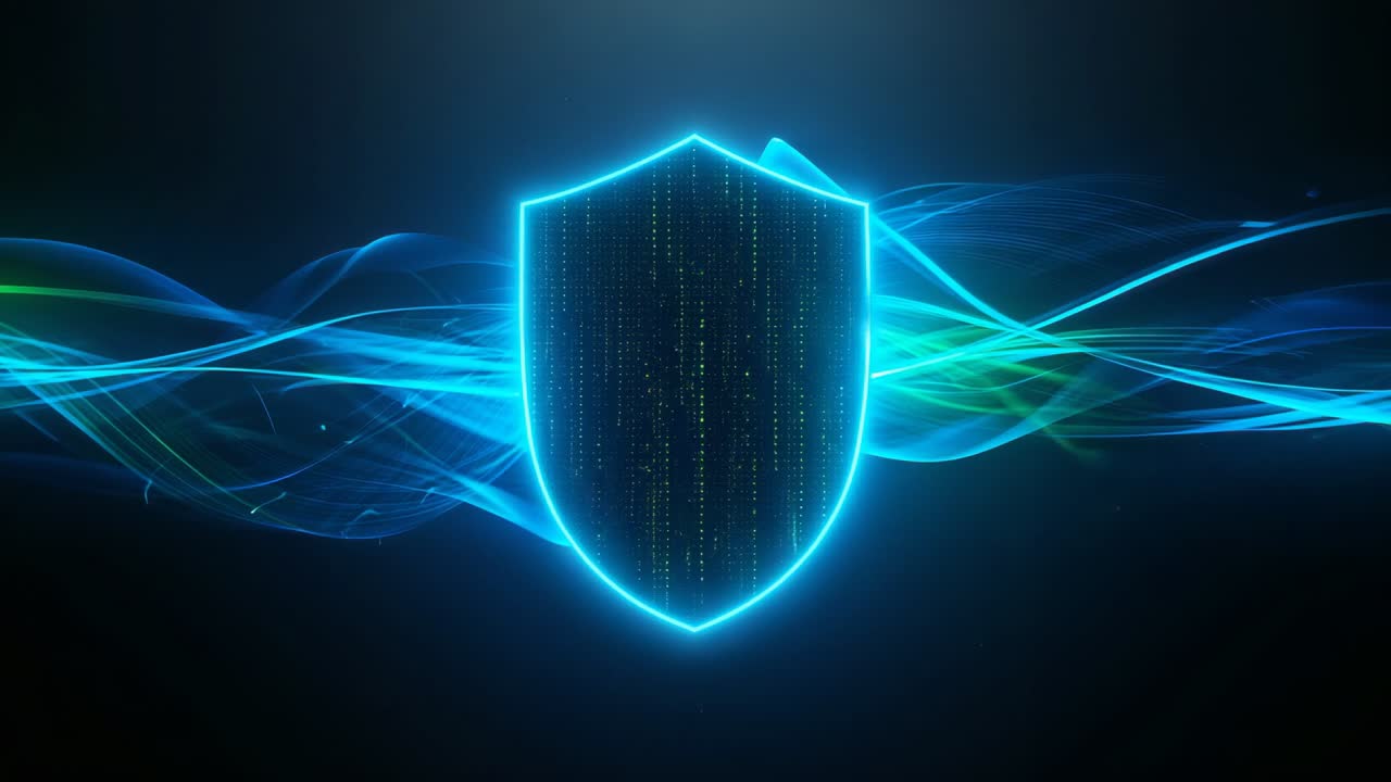 Neon shield brightening in cyberspace, streaming particles and blue-green waves securing network