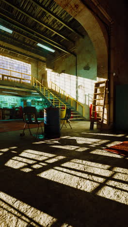 industrial interior with sunlight and shadows