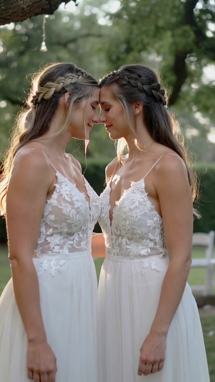 Vertical video: Vows starting, two brides touching foreheads and noses in yard, wearing lace gowns