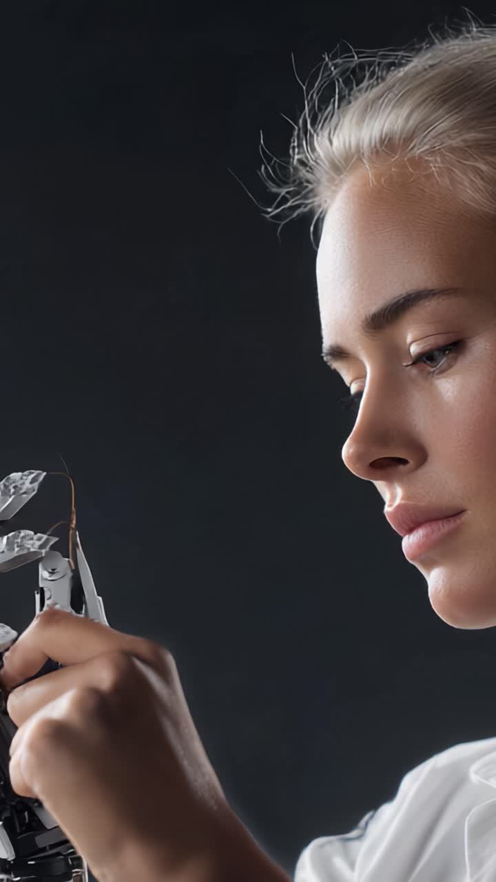 Interazione ravvicinata tra una donna e una mano robotica, che esplora i confini tra tecnologia e umanità in un contesto artistico oscuro